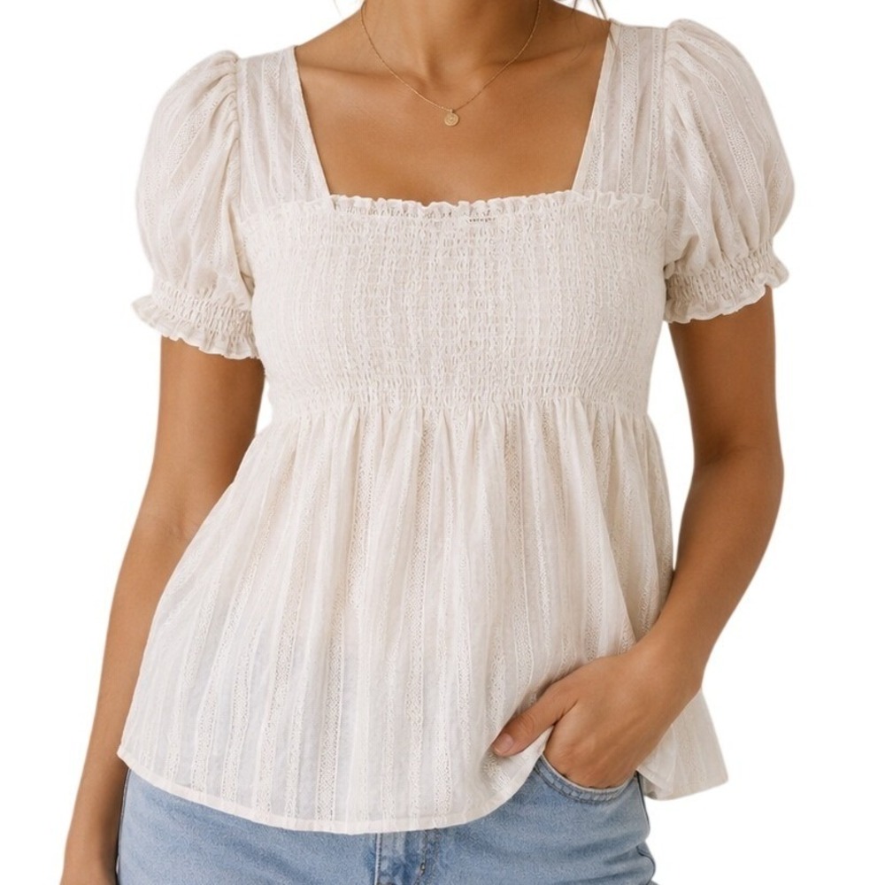 At Last White Cotton Smocked Babydoll Blouse Top Women's Small